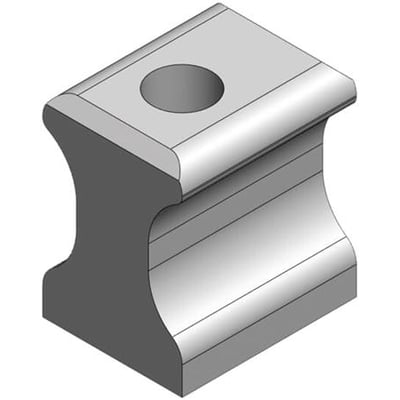 ABB Dalton låsetunge for frontindføring. Grå, slank enhed med et cylindrisk hul på toppen og konkave sider.