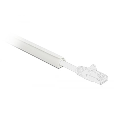 Hvid DeLock Mini-kabelkanal, selvlukkende og selvklæbende, med et kabel ført ud gennem åbningen.