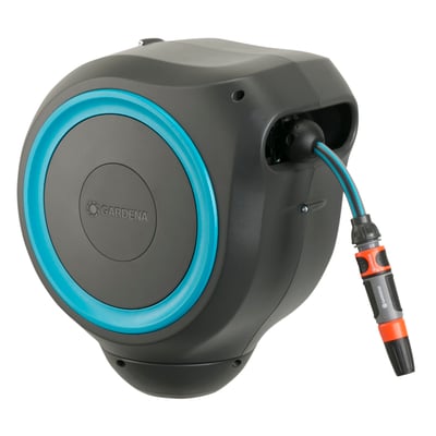 Gardena RollUp vægslangeboks 15 meter i turkis og grå, med Gardena logo og en 15 meter slange klar til brug.