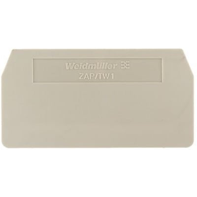 Detaljebillede af Weidmüller endeplade ZAP/TW 1, der fremhæver materialetekstur og prægede mærkninger.