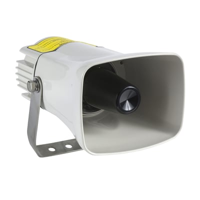 Schneider Electric Sirene XVS i hvid, 12/24VDC, med 8 kanaler og 43 toner, monteret med metalbeslag.