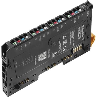 Weidmüller Analog Input Modul UR20-4AI-UI-16 med 4 kanaler og 16-bit opløsning, fremviser PUSH IN terminaler og systembus-interface.