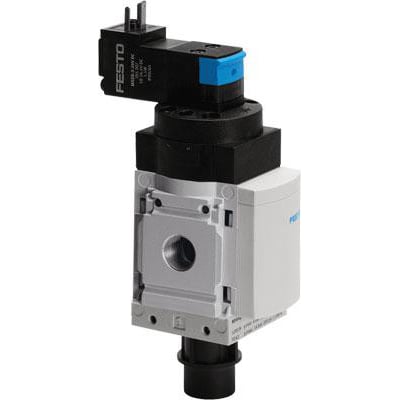 Festo elektrisk on-off ventil MS4-EE-1/4-V110-S med lyddæmper og stik på sort base.