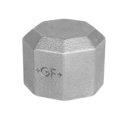 Georg Fischer slutmuffe 1/4" i sort stål med galvaniseret overflade og synligt GF logo, vist på hvid baggrund.