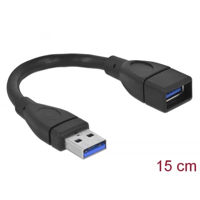 Delock USB 3.0 Type-A-forlængerkabel på 15 cm med sort kabel, hanstik og hunport vist fra skrå vinkel.