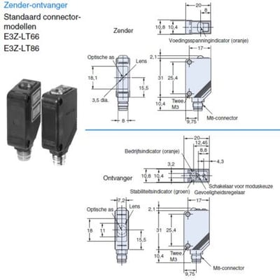 Diagrammer for Omron E3Z-LT86 fotocellesensor, viser dimensioner, stik og indikatorer for sender og modtager.