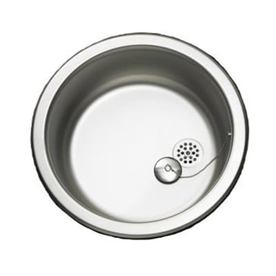 Top view af Intra Juvel Barents KC380 vask i mat rustfrit stål, der viser afløb med prop og kæde på en lys baggrund.