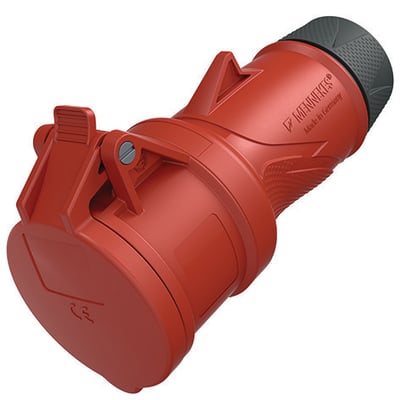 Rødt CEE-forlængerled Mennekes PowerTOP Xtra R, 32 A, 4-polet, set skråt forfra med sort forskruning.