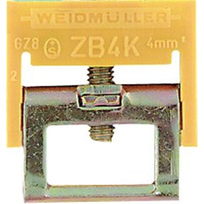 Nærbillede af Weidmüller ZB4K spændebøjle monteret på en 10x3mm skinne med skruetilslutning.