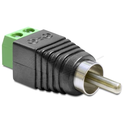DeLock-adapter med RCA-hanstik og 2-polet terminalblok, set skråt forfra med sort hus og grøn terminal.