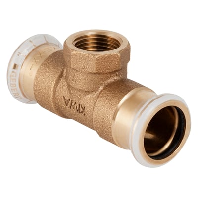 Geberit Mapress tee fitting i kobber med 54mm presfittings og en 1/2" indvendig gevind, isoleret på hvid baggrund.