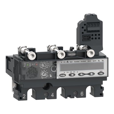 Schneider Electric Micrologic 62E-M relæ med 80A mærkestrøm og energimåling på en hvid baggrund.