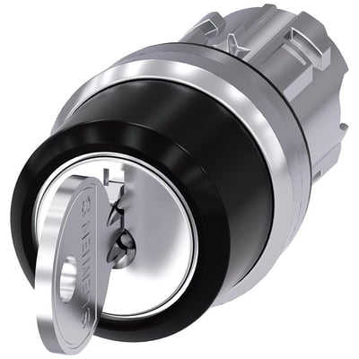 Siemens Ronis nøgleafbryder til 22mm rund montering, med skinnende metalfront og sort cylinder.