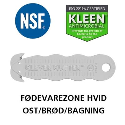 Klever NSF hvid sikkerhedsskærer med skjult klinge og KLEEN antimikrobiel behandling, certificeret til fødevarezone.