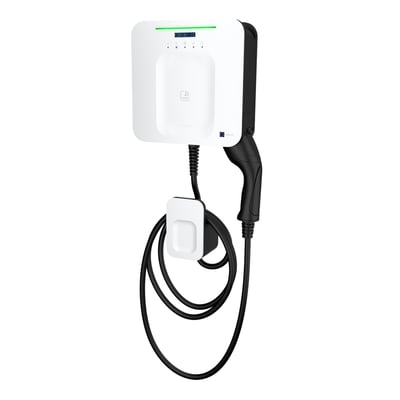 Orbis VIARIS EXO ladestander i hvid og sort med RFID-funktion og sort ladekabel, præsenteret på hvid baggrund.