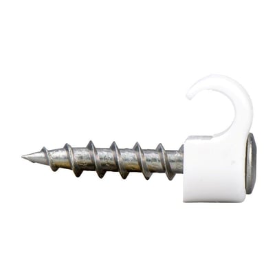 Sidelæns visning af Schneider Electric skrueclips TCS-X-C3, viser det buede hvide PP-design og den T20 Torx skrue med korrosionsklasse C3.