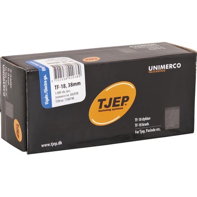 Tjep TF-18 stifter, 38 mm, i elgalvaniseret finish, vist i original sort æske med Unimerco Fastening logo.