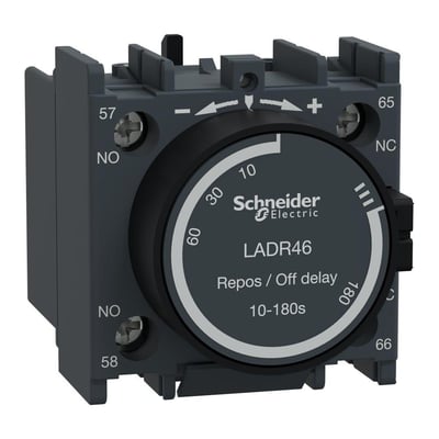 Schneider Electric tidsblok LADR46 til styrekredsløb med 1 NO-1 NC og justerbar forsinkelse fra 10-180 sekunder, mørkegrå.