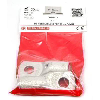 Elpress rørkabelsko KRF95-12-CP til 95mm², M12, vist i emballage med 2 stk. inklusive certificeringer og produktinformation.