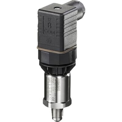 Siemens SITRANS P200 tryktransmitter i rustfrit stål og sort plast, med mærkater og gevindtilslutning synlig.