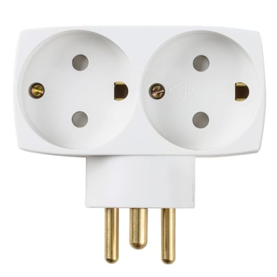 Elworks hvid dobbeltstik med jord og børnesikring til to runde stikpropper, vist forfra med blanke messing stikben.