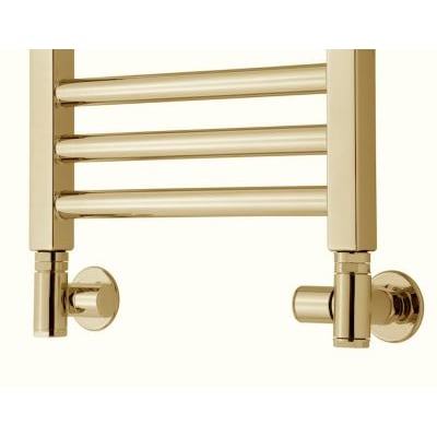 TVS kombiventilsæt 130 i messing/guld (PVD) med vinkeltilslutning til vandbårne håndklædetørrer, inklusive rørafdækninger.