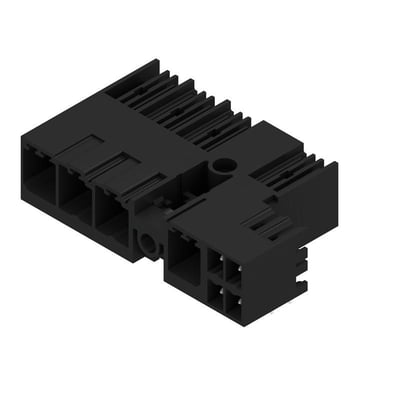 Sort Weidmüller hybrid connector til printplade med fire poler, 7,62 mm afstand og 90° vinkel.