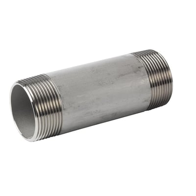 Nippelrør i rustfrit stål AISI 316L, 110 mm langt med 3/4" gevind i begge ender, på hvid baggrund.