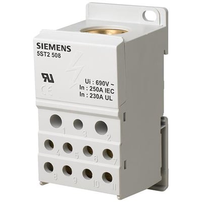 Siemens 1-polet fordelingsblok på 250 A og 690 V med hvidt hus, tilslutningshuller og indgang øverst.