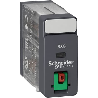 Schneider Electric Harmony RXG stikbensrelæ, 120 VAC, 5A, 2 C/O kontakter med testknap og grøn-rød vippefunktion.