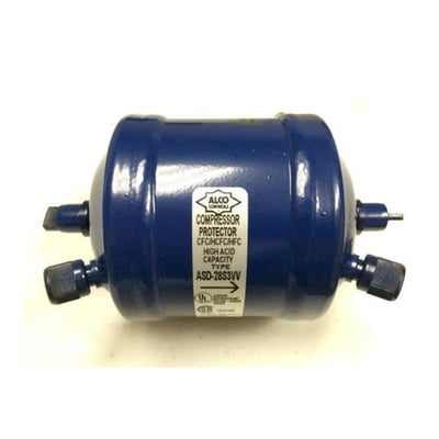 Burnout sugetørrfilter ASD045S06 fra ALCO Controls med blå cylindrisk beholder og tilslutninger i begge ender.