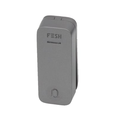 FESH Smart Home Dørtryk i koksgrå, ekstra vandtæt og batteriløst design med indgraveret klokkeikon og FESH logo.