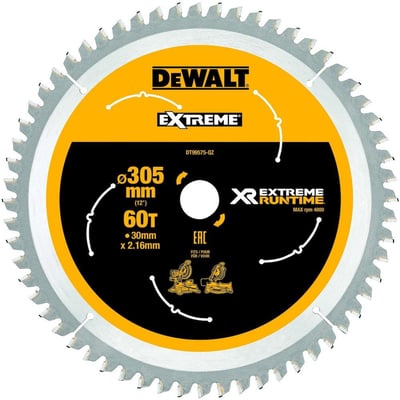 DeWalt rundsavklinge med 305 mm diameter, 60 tænder og 30 mm centerhul, designet til akkusave og træsnit.
