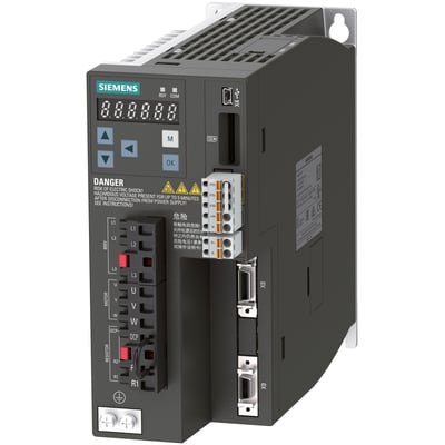 Siemens SINAMICS V90 Profinet frekvensomformer med 1.0kW motor og 3-faset 400V input, vist frontalt med tydelig betjeningspanel og tilslutningsklemmer.