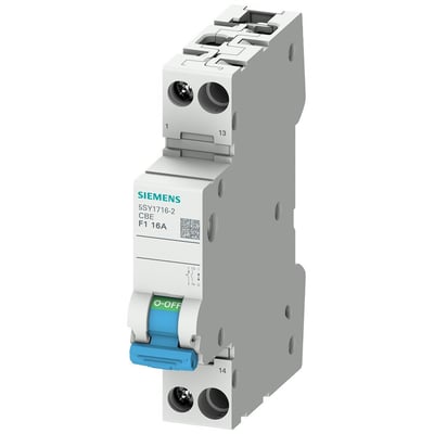 Siemens 1-polet automatsikring, model 5SY1, med F1 karakteristik og en mærkestrøm på 16A samt en NO hjælpekontakt.