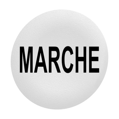 Schneider Electric løs trykflade hvid med sort "MARCHE" tekst, designet til Ø30 mm flush trykknaphoveder.