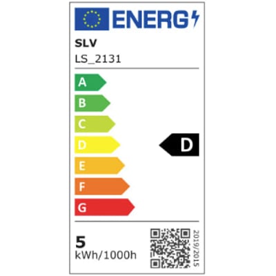 Energimærke for SLV Dorisa 50 spejllampe, viser energiklasse D på en skala fra A til G og et forbrug på 5 kWh/1000h.