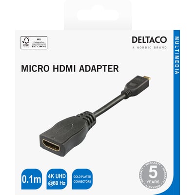 Deltaco HDMI til micro HDMI-adapter på 0,1 meter i sort, vist på emballagen med begge stik synlige.