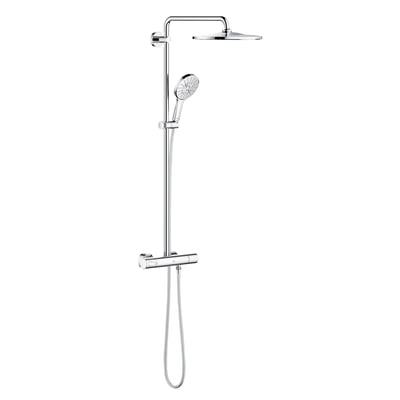 Komplet GROHE Rainshower SmartActive 310 brusesystem med termostat i skinnende krom, isoleret på hvid baggrund.