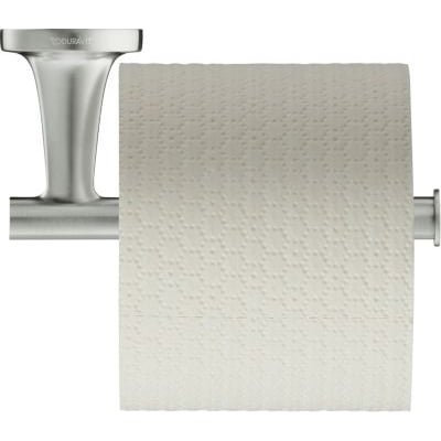 Duravit Starck T papirholder i børstet rustfrit stål med en rulle toiletpapir monteret. Mål: 76 x 50 x 152 mm.