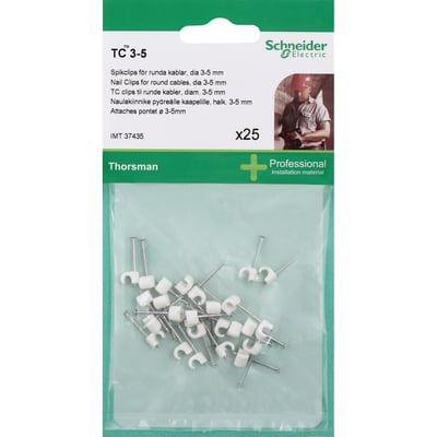 Pakke med 25 hvide Schneider Electric Thorsman TC clips til runde kabler med en diameter på 3-5 mm.