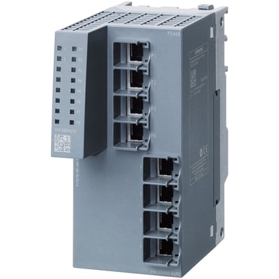 Siemens PE408 POE portudvidelsesmodul med 8 x RJ45 porte til Scalance XM400 switch på hvid baggrund.