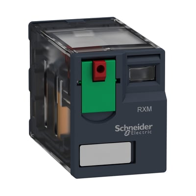 Schneider Electric RXM stikbensrelæ med 4CO kontakter og 110VAC spænding, vist med testknap og opmærkningsfelt.