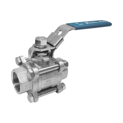 3-delt kuglehane med muffe/muffe, syrefast 316 stål, 3" gevind og PTFE pakning, bygget til 205 mm længde.