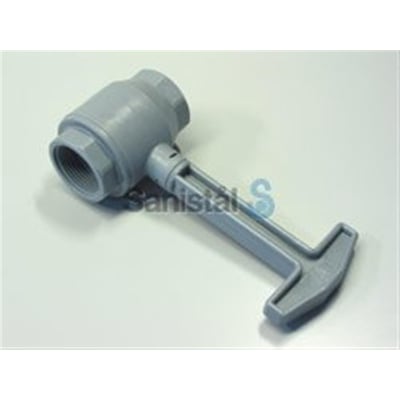 Grå kugleventil i plast med et T-greb og 32mm gevind, placeret på en hvid overflade.