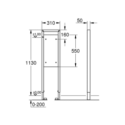 Teknisk tegning af Grohe holdeelement med dimensioner angivet i millimeter, viser højde, bredde og dybde.
