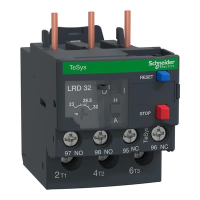 Schneider Electric TeSys D termorelæ LR3D 32A med justeringsområde 23-32A og Reset/Stop-knapper på enheden.