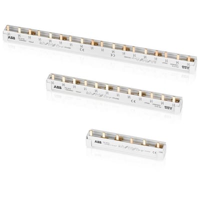 ABB sløjfeskinne 3F med 60 moduler og 10 mm² kapacitet, vist i tre forskellige længder på hvid baggrund.