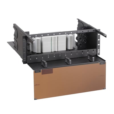 Lauritz Knudsen Fiberpanel HD til 288 fusionsplicede fiber, 4HE rackmonteret enhed med 12 HD montagepladser og synlige kabeludgange.