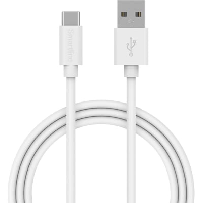 Hvidt USB-A til USB-C-ladekabel på 100 cm med begge stik og den oprullede ledning synlig.